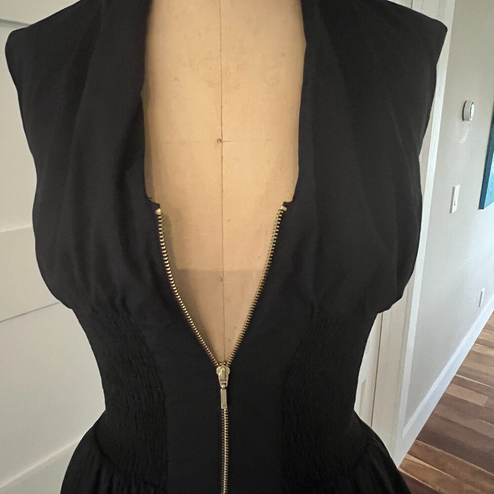 Anthropologie XXS Black Cotton Midi Dress with Gold Front Zipper and Pockets - Picture 5 of 11